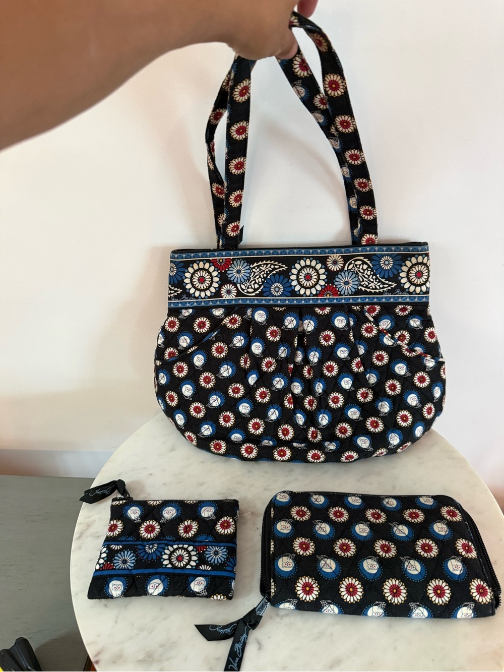 VTG Vera Bradley LITTLE BETSY Bag NIGHT OWL Zip Tote purse, coin pouch & wallet